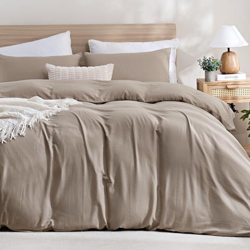 Image of TOCOMOA Muslin Duvet Cover 100% Cotton Like Linen Texture Breathable Soft Comfy 3-Piece Taupe Comforter Cover Bedding Set (King 104 inchx90 inch, Comforter Not Included)