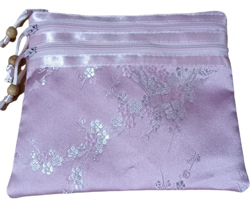 Only My Live Home Portable Large Silk Brocade Multi Zipper Pouch Jewelry Storage Bags for Travel Cosmetic Makeup Packaging 3 Zip Purses (pink (pattern random))