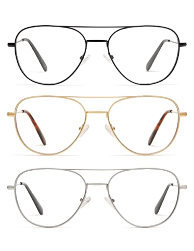 AMOMOMA 3-Pack Retro Aviator Reading Glasses for Men Women Trendy Square Blue Light Blocking Computer Readers Metal AM6092 Mix (+1.5 Magnification Strength)