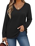 IN'VOLAND Black Long Sleeve Shirt for Woman V-Neck Plus Size T Shirt Solid Casual Basic Tops Fall Tees 1X