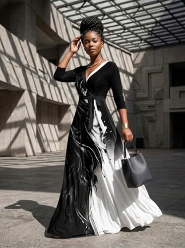 Image of PinkPatty Plus Size Maxi Dresses for Women Casual Flowy Long Dress 3 /4 Sleeve V Neck Wrap Dress with Belt