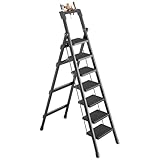 脚立 7段 折りたたみ 踏み台 ステップ台 梯子 ブラック ステップスツール はしご 工具置き付き 手すり付き 滑り止め付き 軽量 耐荷重 スチール製 省スペース 室内 屋外 掃除 おしゃれ