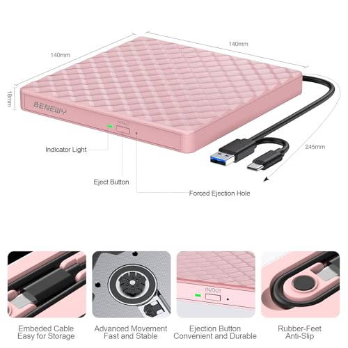 Image of External CD /DVD Drive for Laptop, CD Burner /CD Reader /DVD Player for Laptop | External Disc Drive /CD Rom External Drive for Laptop Desktop PC Windows 11 /10 /8.1 /7 MacBook Mac Linux OS Apple Pink