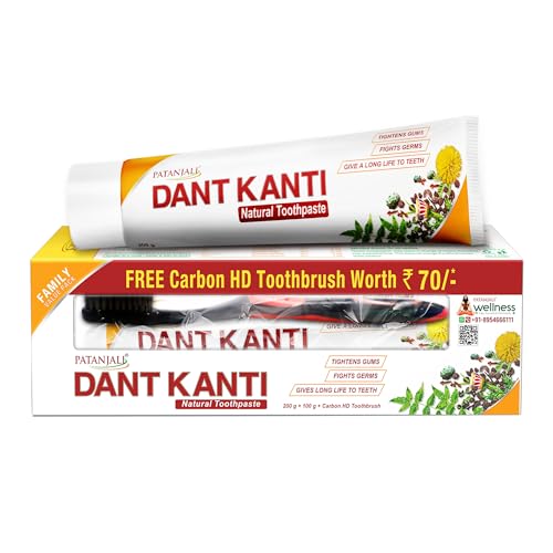 Patanjali Dant Kanti Toothpaste Value Pack (200g x 1N and 100g x 1N : 300 g) and Toothbrush for Cavity Protection, Eliminates Bad Breath, Gingivitis Prevention