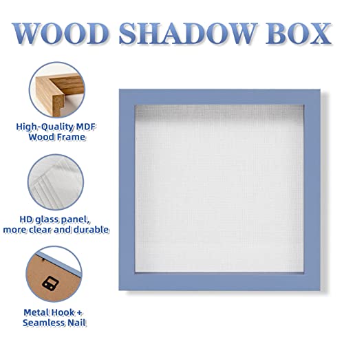 Image of Muzilife 8x8 Shadow Box Picture Frame with Linen Board - Deep Wood & Glass Display Case Ready to Hang Memory Box Baby Sports Memorabilia, Pins, Medals, Wedding, Tickets and Photos, Blue