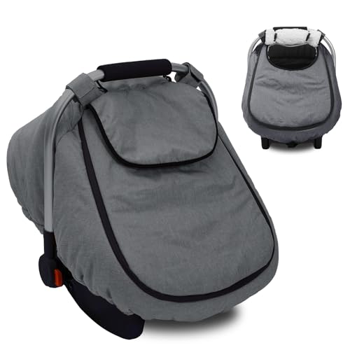 Image of Winter Baby Car Seat Cover, Waterproof Carseat Cover with Zipper Peep Window, Warm Sherpa Fleece Lining, Universal Infant Car Seat Canopy Stroller Cover for Rain Snow Cold Weather (Grey)