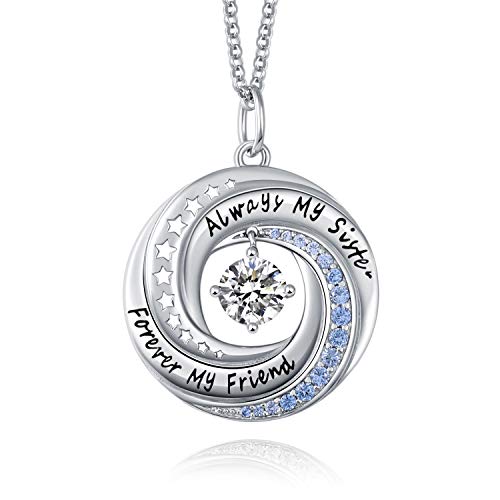JXJL Sister Necklace Always My Sister Forever My Friend Engraved Crystal Circle Pendant Big Little Sis Birthday Xmas Sterling Silver Adult Woman Gift Jewelry