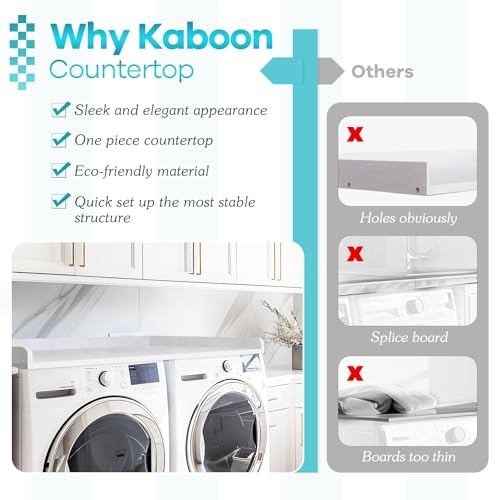 Kaboon Washer Dryer Countertop, Melamine Countertop with Edge Rails - 27.5" Depth x 54" Width Laundry Room Organization, White Rock