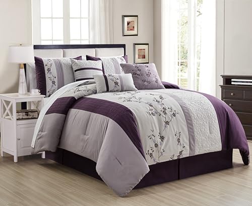 Edredón bordado floral King de Chezmoi Collection en morado y gris 2