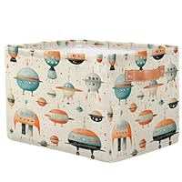 Mexpekil Storage Baskets Cartoon Beige Alien Spaceship Toy Basket with Handles Foldable Fabric Storage Boxes for Shelves Home Office, 38x28x24cm