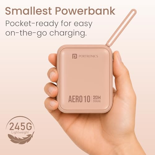 Image of Portronics Aero 10 10000 mAh 20W Fast Charging Mini Power Bank with Detachable Type C Cable, Type C PD Input /Output Port, LED Indicator, Wake Up Button, Strong Lanyard, Light Weight (Mocha)