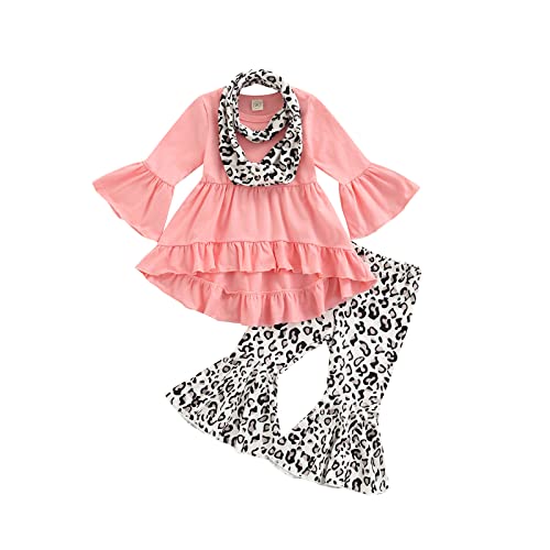 Toddler Baby Girl Outfits Ruffle Long Sleeve Solid Color Dress Tops Bell Bottom Flared Pants Scarf Clothes Set (Pink, 3-4T)