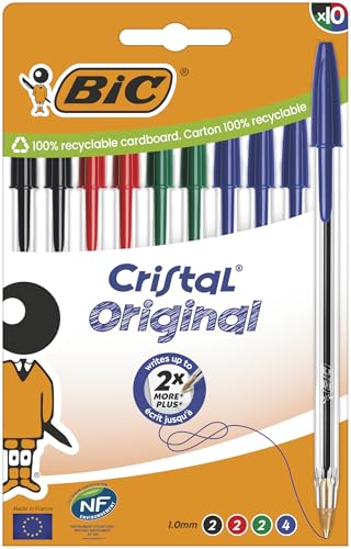 BIC Penne a Sfera Cristal Original con Punta Media (1,00 mm) e Tappi Abbinati al Colore dell’Inchiostro - Colori Assortiti, Confezione da 10