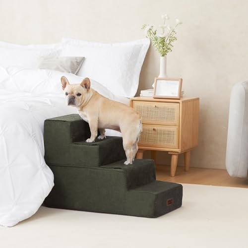 Image of EHEYCIGA Dog Stairs for Bed 20 inch H, 4-Step Extra Wide Dog Steps for High Bed, Pet Steps for Small Dogs and Cats, Non-Slip Balanced Pet Ramp Indoor, Military Green