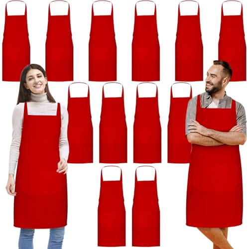 Tczecoo 12 Stück Kochschürze, Unisex Rote Schürze mit 2 Taschen, Küchenschürze Köche Schürze für Erwachsene Kochen Malerei Grillen Backen Maschine Waschbar, 60 x 71 cm
