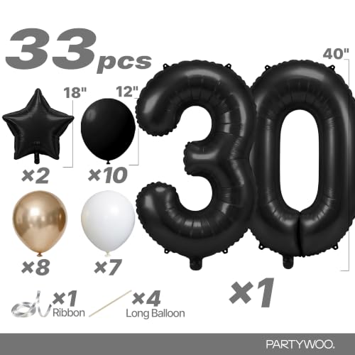 Image of PartyWoo Black Number 30 Balloon 40 Inch 25pcs Black Foil Star White Gold