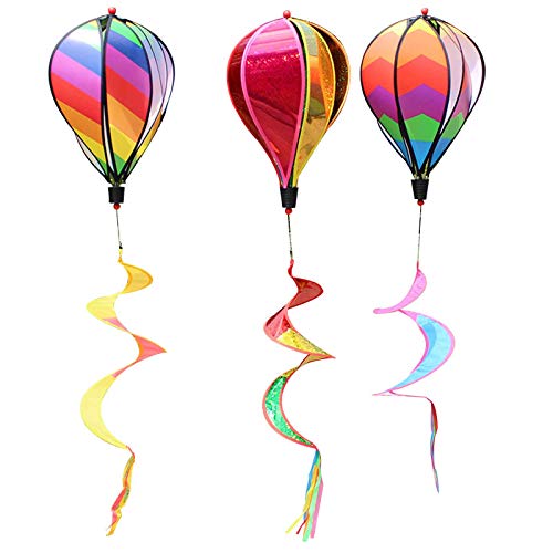 Hot Air Balloon Windmill Spinner Rainbow Windsock Includes Curlie Tail and Colorful Kinetic Hanging Decoration for Garden Yard Outdoor Decor Toy - 3Pack