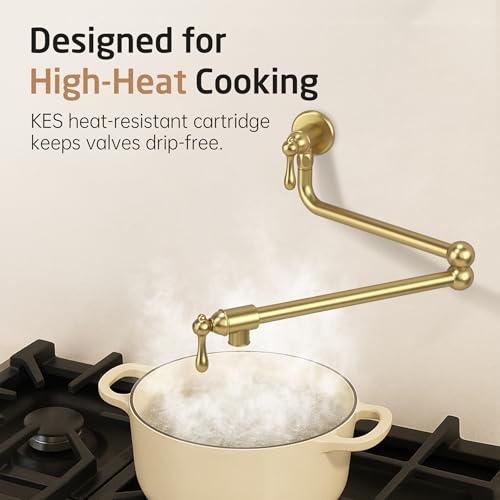 KES Brushed Gold Pot Filler Faucet with Heat-Resistant Cartridge, 26'' No Lead Vintage Pot Filler Faucet with Double Joint Swing Arm, Wall Mount, 18/8 Stainless Steel, KN928S24LF-BZ by KES - Used condition - Image 2