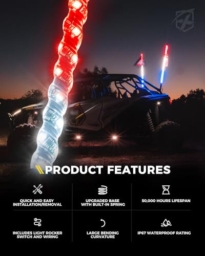 image for Xprite 1PC 4FT Red White Blue Spiral LED Whip Lights with Built-in Spr