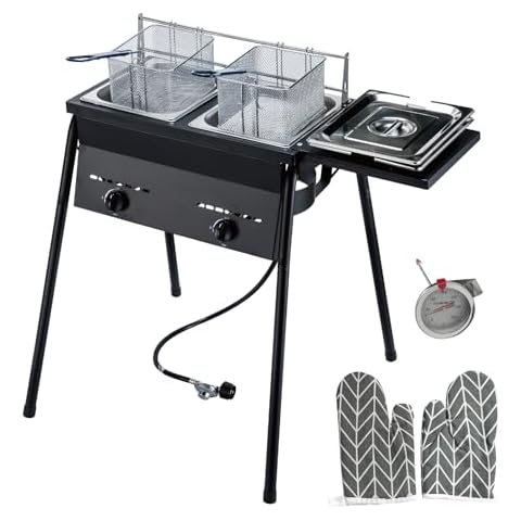 LetFeng Propane Deep Fryer with 2 Stainless Baskets and Steel Oil Tank Countertop Gas Fryer Adjustable Temperature Regulator Double Burners Commercial Fryer for Restaurant And Home Snack Bars Black Cover