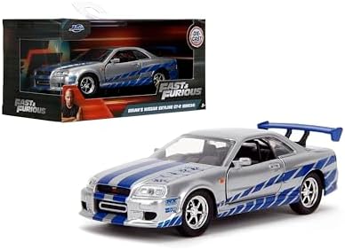 Jada Toys Fast and Furious 1:32 Scale 2002 Nissan Skyline GTR R34-Silver Diecast Car for Kids Age 8 Years+