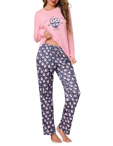Demegimi Schlafanzug Damen Pyjama Lang Baumwolle Nachtwäsche Winter Pyjama Set Schneeflocken Eulen Zweiteiler für Winter Herbst