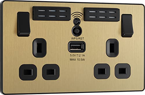 Prise murale double port USB laiton satiné et rallonge Wi-Fi 13A