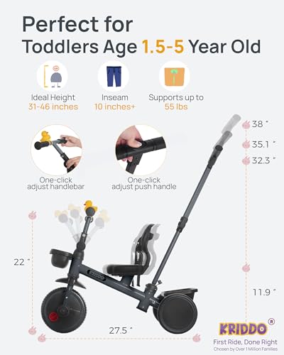 Image of KRIDDO 2-in-1 Tricycle for Toddlers 1.5-5 Years, Push Tricycle with Parent Steering & Detachable Handle, 9-Stage Adjustable Handlebar, Toddler Trike with Safety Belt, Clutch Pedals & Dual Basket, Grey