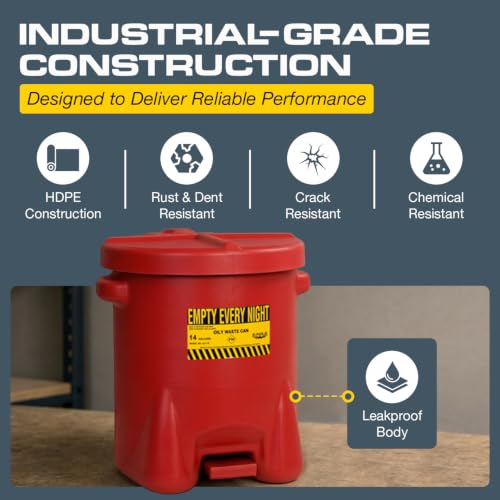Image of Eagle Oily Waste Can, Self-Closing Lid, 14 Gallon, Made in the USA, Red