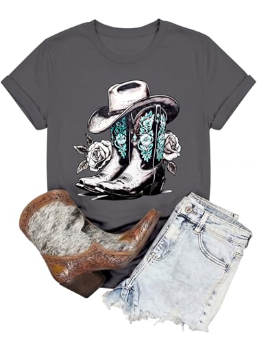 Western Shirts for Women Cowgirl Shirt Country Music T-Shirt Vintage Rodeo Graphic Tees Cowboy Cow Skull Short Sleeve Tops