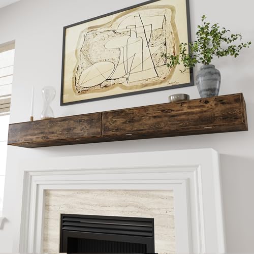 FINOSEN 60inch Fireplace Mantel Shelf with Hidden Storage – MDF Wood Wall-Mounted Shelf, Farmhouse Floating Mantel for Fireplace or Living Room, DIY Assembly Required,Brown (60Lx8Dx7H)