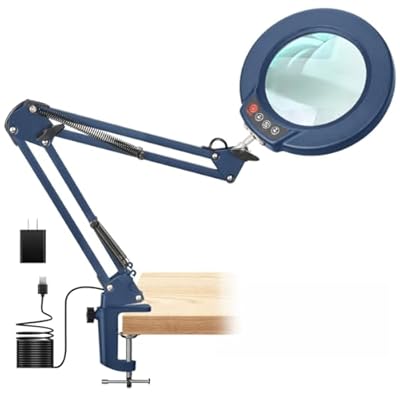 Seylae 10X Magnifying Glass with Light and Clamp, Real Glass Lens Lighted Magnifier with Stand, 5 Color Modes LED Dimmable Magnifying Desk Lamp Hands Free for Crafts Painting Sewing Close Work - Blue