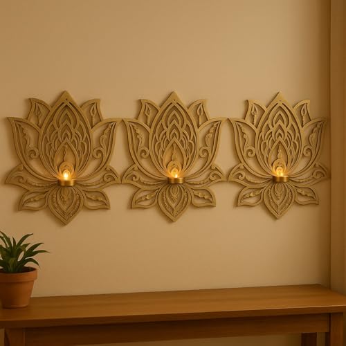 Image of Wall Hanging Lotus Candle Stand - Elegant Metal Lotus Design for Tealight & Votive Candles | Stunning Home Decor Accent for Living Rooms, Bedrooms, and Meditation Spaces (Set of 3)