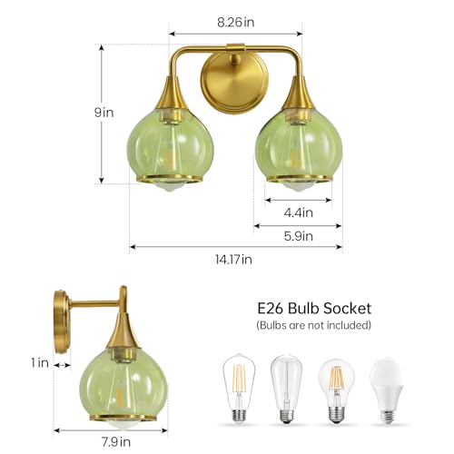 Image of Brushed Gold Bathroom Vanity Light 2-Lights Bathroom Light Fixtures Over Mirror with Green Clear Glass Shade 14 inch Wall Sconce Lighting Bath(Exclude E26 Bulb)