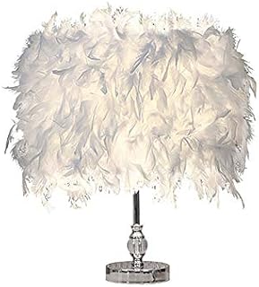 Feather Table Lamp, Vintage Elegant Bedside Desk Crystal Light White Lampshade for Bedroom Foyer Living Reading Sitting Room Decorations with Free Light Buld
