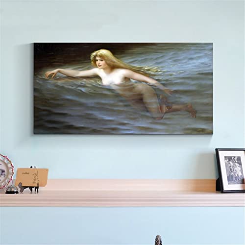 Nude Wall Art In Water Sexy Erotic Blonde Woman Swimming Man Cave Bar Studio Oil Painting Decoration Canvas Painting Wall Art Poster For Bedroom Living Room Decor 24X48Inch(60X120Cm) Frame-Style #TOP3