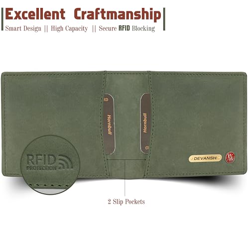 Image of HORNBULL Men's Personalized Wallet I Customized Slim Stylish Leather Purse with Name I Unique Birthday Gift for Men Boy Love Husband (Olive)