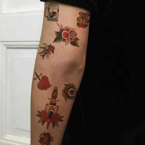CARGEN Classic Temporary Tattoos - Traditional Old School Vintage Stickers Sailor Jerry Flower Rose Ladyface Swallow Butterfly Sword Eye Globe Crown Anchor Temporary Tattoo Fake Tattoo Great for Arm