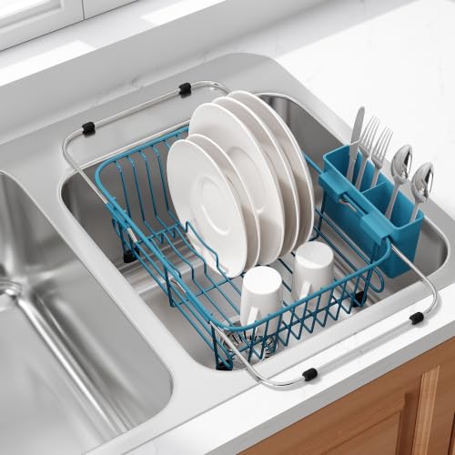 Image of JASIWAY Blue Dish Drying Rack in Sink with Utensil Holder, RV, Apartment