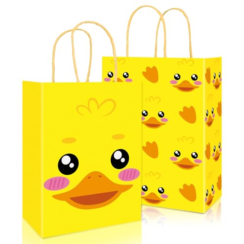 Sacs en papier canard jaune avec poignées pour anniversaire - Lot de 24