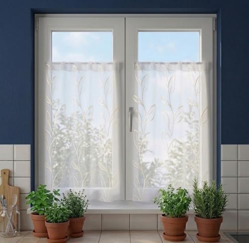 mauro Cortinas de cristal para interiores con efecto lino blanco con bordado blanco/beige, cortinas para cocina, salón, dormitorio, 45/70/90 cm ancho x 90-225 cm alto, beige 70 x 120 cm