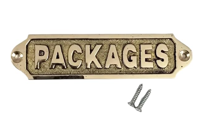 Solid Brass “PACKAGES” Sign – 13 x 3.5 cm Vintage Brass Mailbox Plaque with Screws | Antique Style Delivery Door Label for Mailboxes, Front Doors, Offices & Parcels