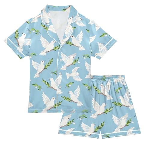 Peace Doves Summer Satin Pajama Set, Cute Button-Down Sleepwear Pj Set for Sleep Wears