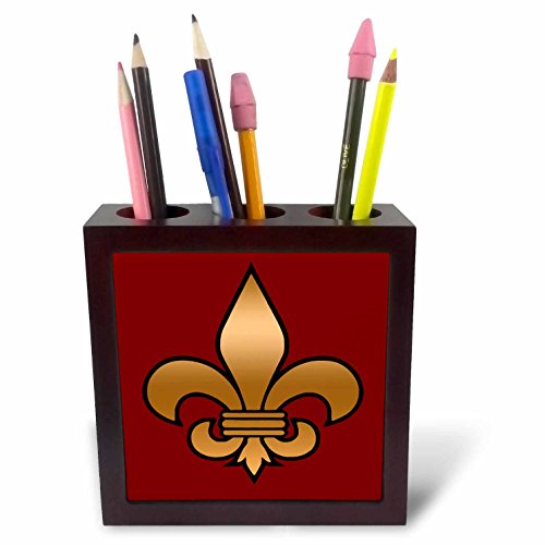 3dRose ph_30760_1 Large Black and Gold Fleur De Lis on Maroon Background Christian Symbol-Tile Pen Holder, 5-Inch
