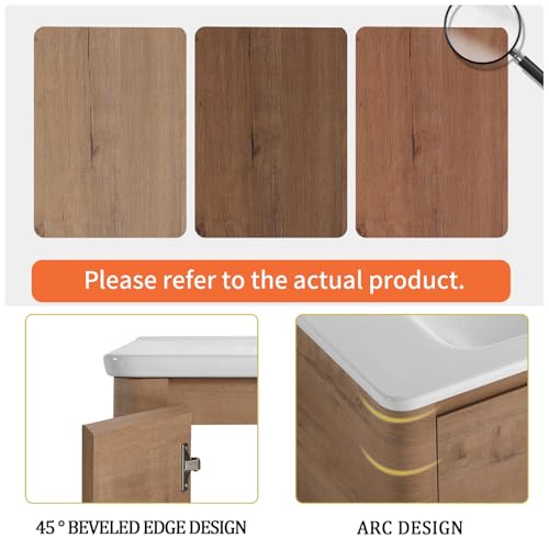 Image of 36 inch Bathroom Vanity with Ceramic Sink, Freestanding Bathroom Vanity with 2-Soft-Close Door, Semicircle Storage Rack & Inside Adjustable Shelves for Home, Farmhouse Floor Mount Vanity, Oak