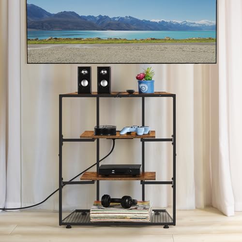 4 Tier AV Media Stand with Power Outlets, Wooden Audio Rack Tower with Metal Shelves, Small Entertainment Center with Storage, Stereo Cabinet for DVD Player, Game Console, Record Player, Rustic Brown - Image 3
