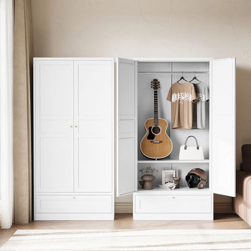 Image of Letaya Metal Wardrobe Cabinets,18 inch Deep Clothing Storage Cabinet with Doors and Shelves,for Home Room,Fire Department, School, Employee,Gym,Government (White)