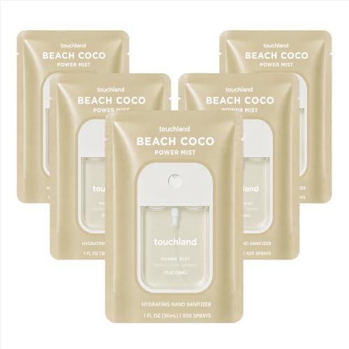 Image of Touchland Beach Coco Hydrating Hand Sanitizer Spray, 5 Pack Travel Size | TSA ready Power Mist with skincare benefits. Tropical and fresh scent, transporting you to sun-drenched shores.