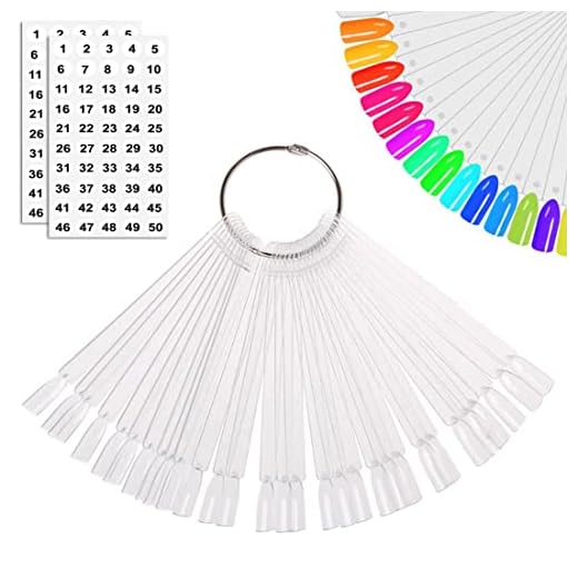 JASSINS 50 Pcs Nail Swatch Sticks with Ring and Numbered Tips - Clear Fan-shaped Display for Nail Art Polish Practice