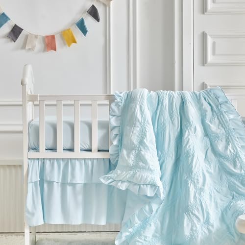 Image of Ruffled Crib Bedding Set Baby Boho Quilted Comforter with Fitted Sheet and Bed Skirt - Cute Soft Breathable Seersucker Ruffled Shabby Chic Bedding Soft Blanket Design - Blue